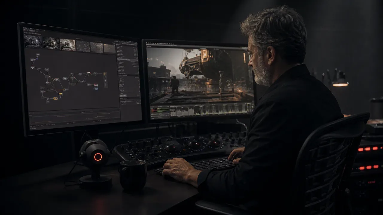 Artista de efeitos visuais avaliando pipeline de gerenciamento de cor ACES em estação multi-monitor com sonda de calibração