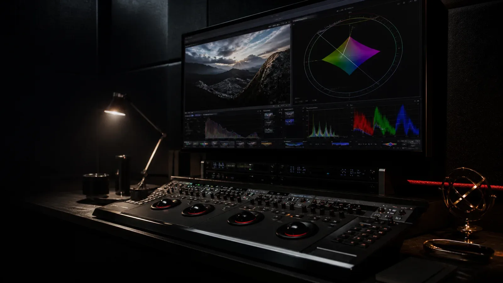 Estação de correção de cor de cinema com monitor HDR de referência e console de grading com iluminação direcionada