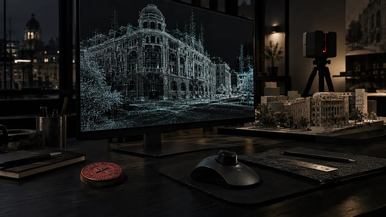 Estação de trabalho executiva com modelo digital 3D e nuvem de pontos de fotogrametria