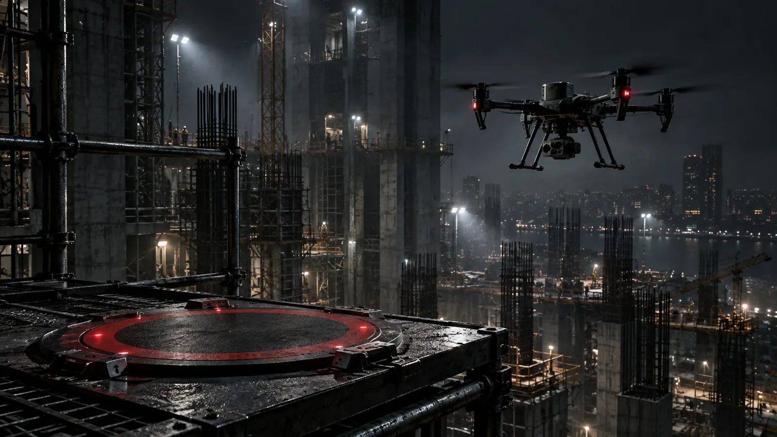 Drone de inspeção industrial sobrevoando canteiro de obras no crepúsculo sob iluminação chiaroscuro