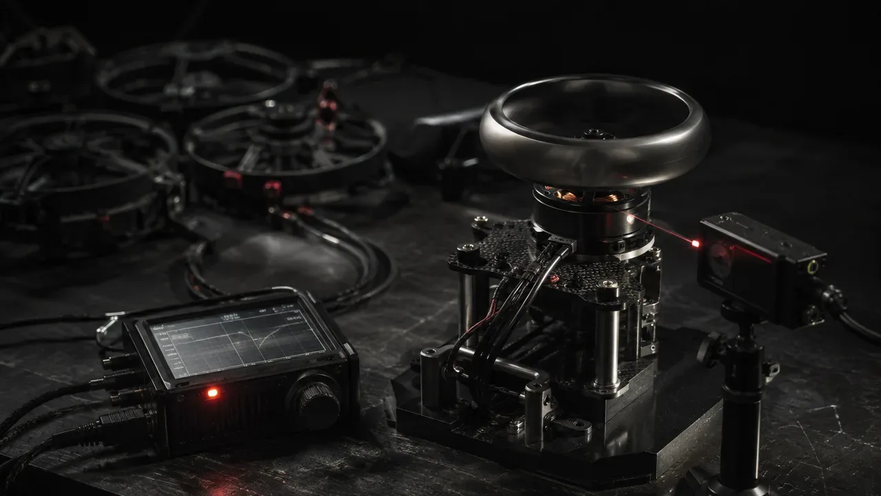 Bancada de ensaio com hélice toroidal e microfones