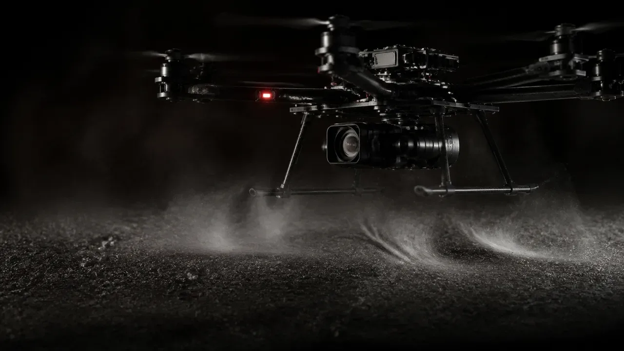 Drone Cinelifter FPV coaxial pairando próximo ao solo demonstrando dispersão de esteira em efeito solo