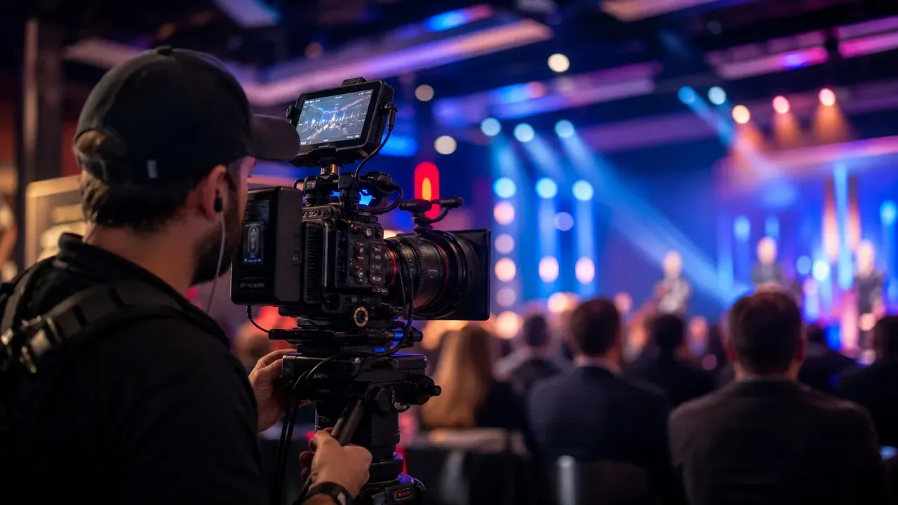 Equipe de produção gravando aftermovie em evento corporativo com câmera de cinema