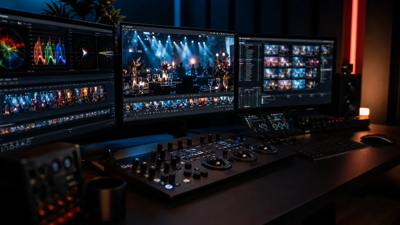 Editor fazendo color grade de aftermovie em setup profissional de pós-produção