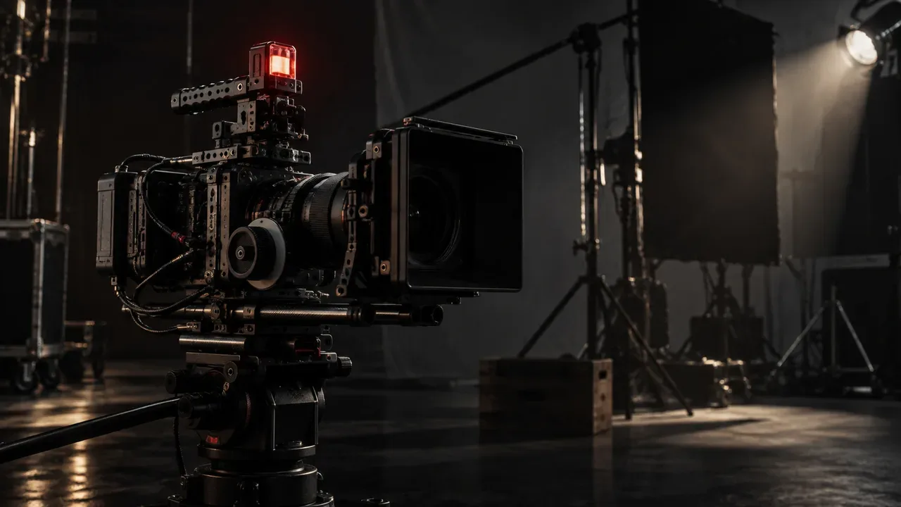 Câmera de cinema montada em orientação vertical com luz de gravação acesa em estúdio de produção