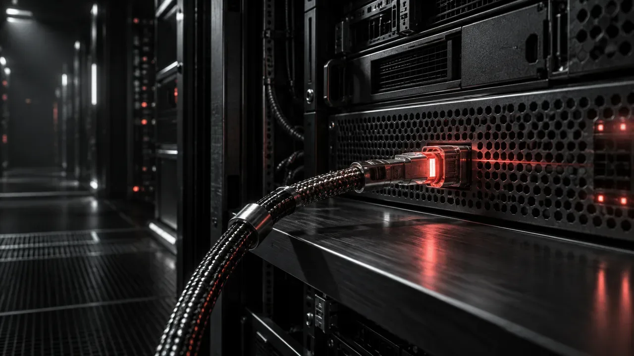 Rack de servidores de telemetria e rastreamento server-side com conector óptico iluminado em datacenter