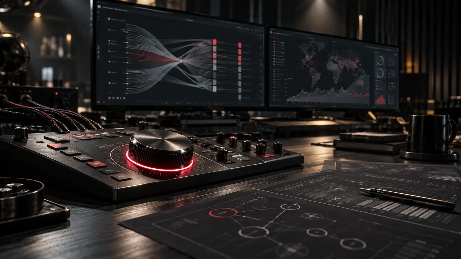 Console de operações de mídia e inteligência de marketing com mostrador rotativo iluminado e gráficos de atribuição