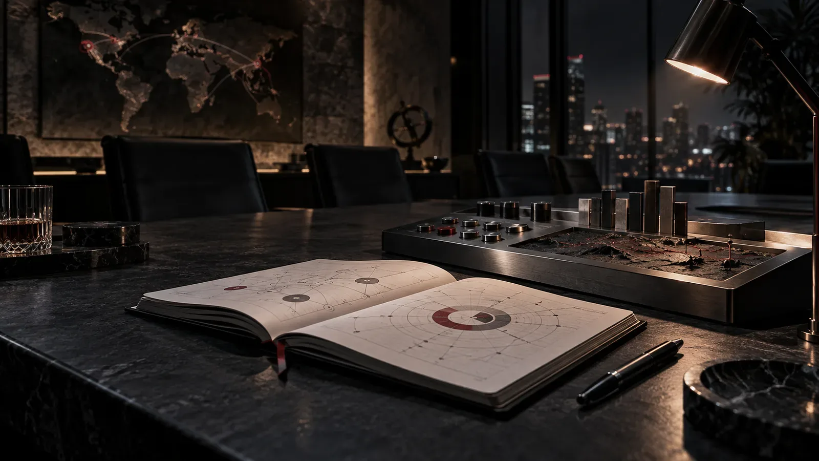 Mesa de trabalho de planejamento estratégico de marketing digital com bloco de notas escuro e luminária com acento vermelho