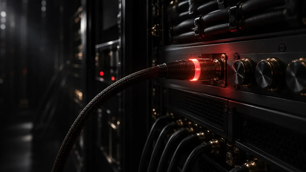 Console de servidor com painel de roteamento óptico e cabo de fibra com terminação brilhando em carmim corporativo em ambiente chiaroscuro