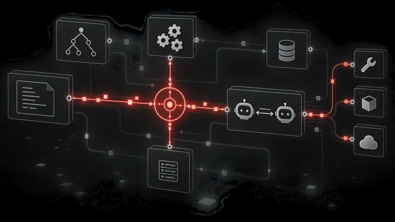 Diagrama técnico vetorial sobre fundo ardósia escuro ilustrando o fluxo de mensagens entre o editor cliente e o runtime do agente com nó de roteamento iluminado