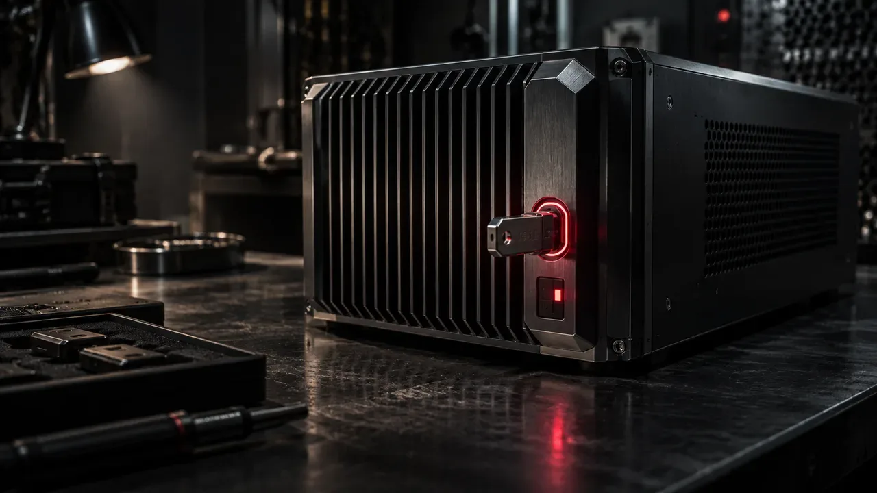 Chassi de workstation local em chapa de aço escovada com módulo de chave criptográfica e indicador físico de status ativo sob iluminação de contraste