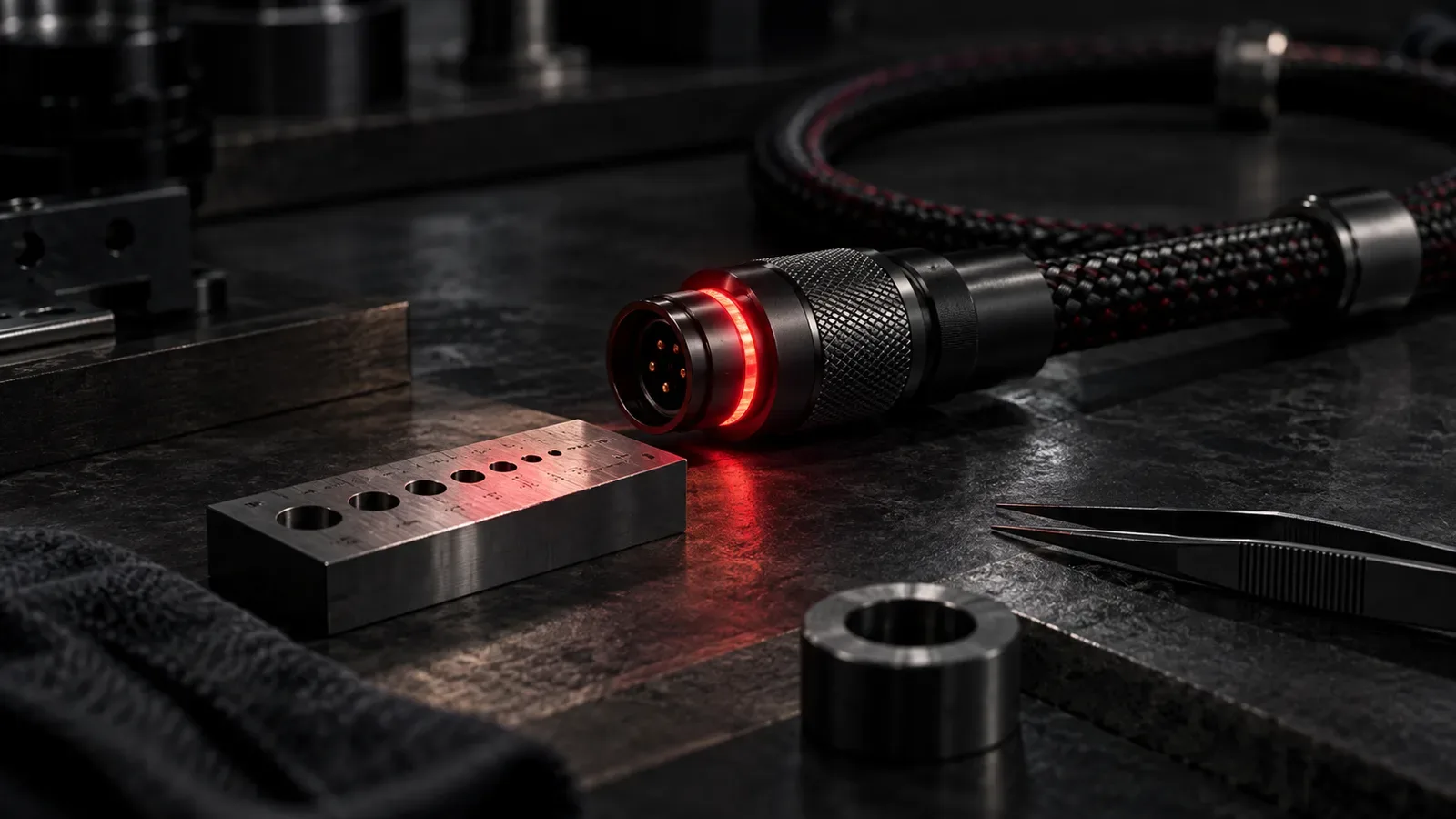 Cabo de interface industrial blindado repousando sobre bancada de grafite usinado com conector mecânico iluminado emitindo luz rasante em ambiente chiaroscuro