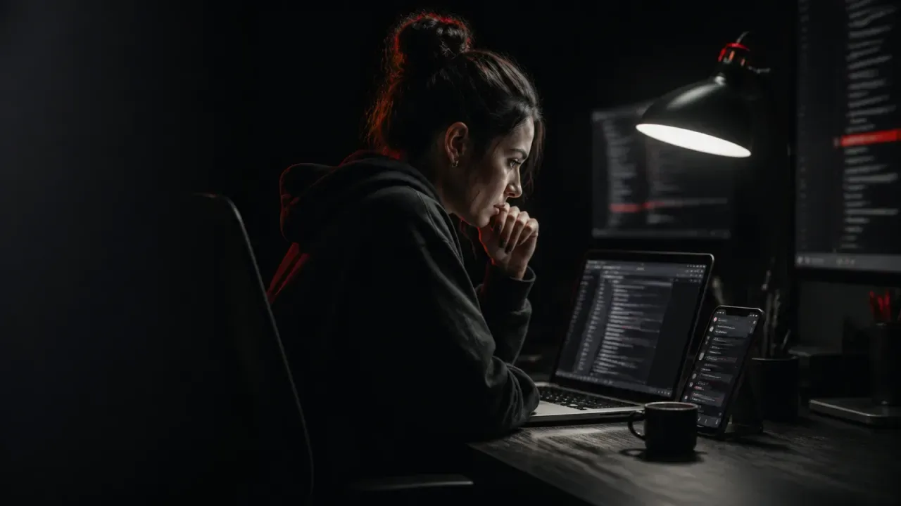 Desenvolvedora investigando um erro de API no notebook com suporte técnico pelo smartphone