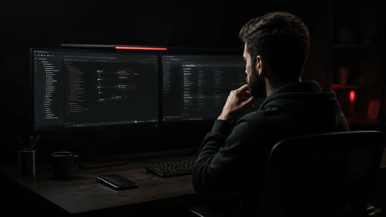 Engenheiro revisando infraestrutura e pipeline de deploy com uma consulta técnica no smartphone
