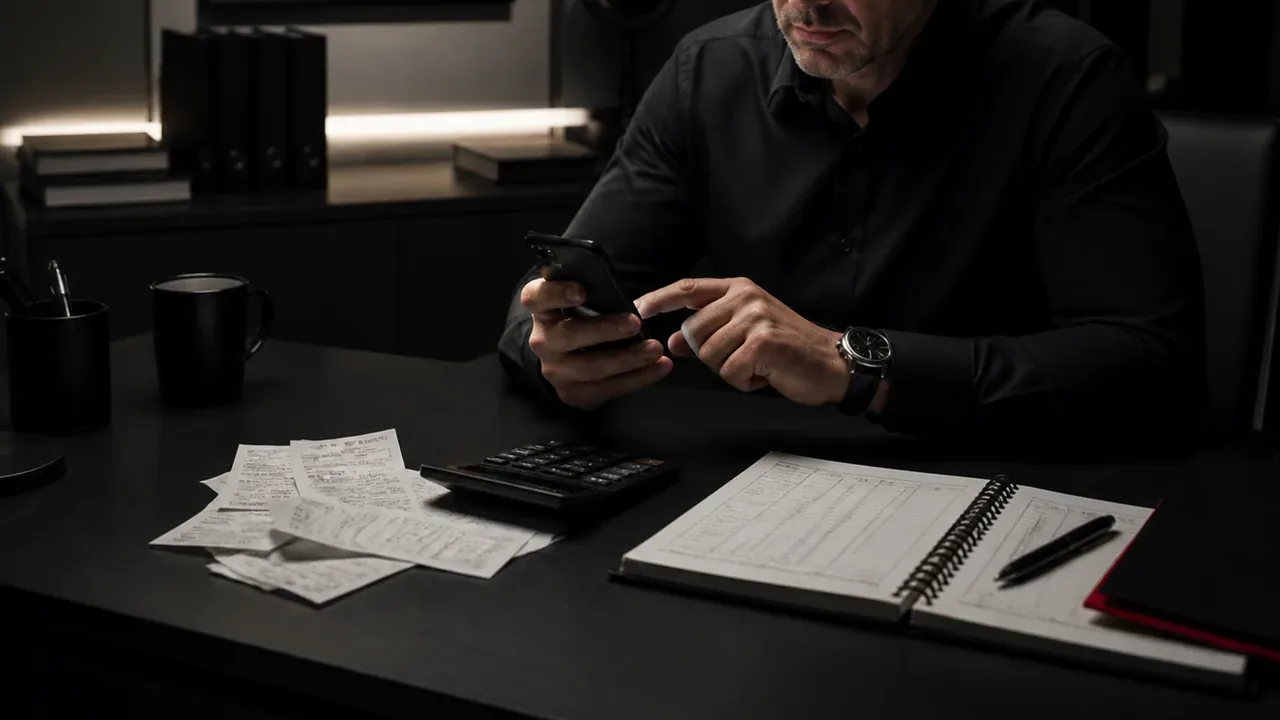 Empresário revisa fluxo de caixa com recibos, calculadora e notificações financeiras