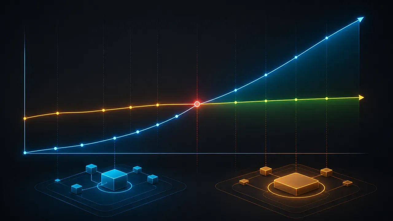 Gráfico conceitual de custo total entre agente pronto e sob medida ao longo do tempo