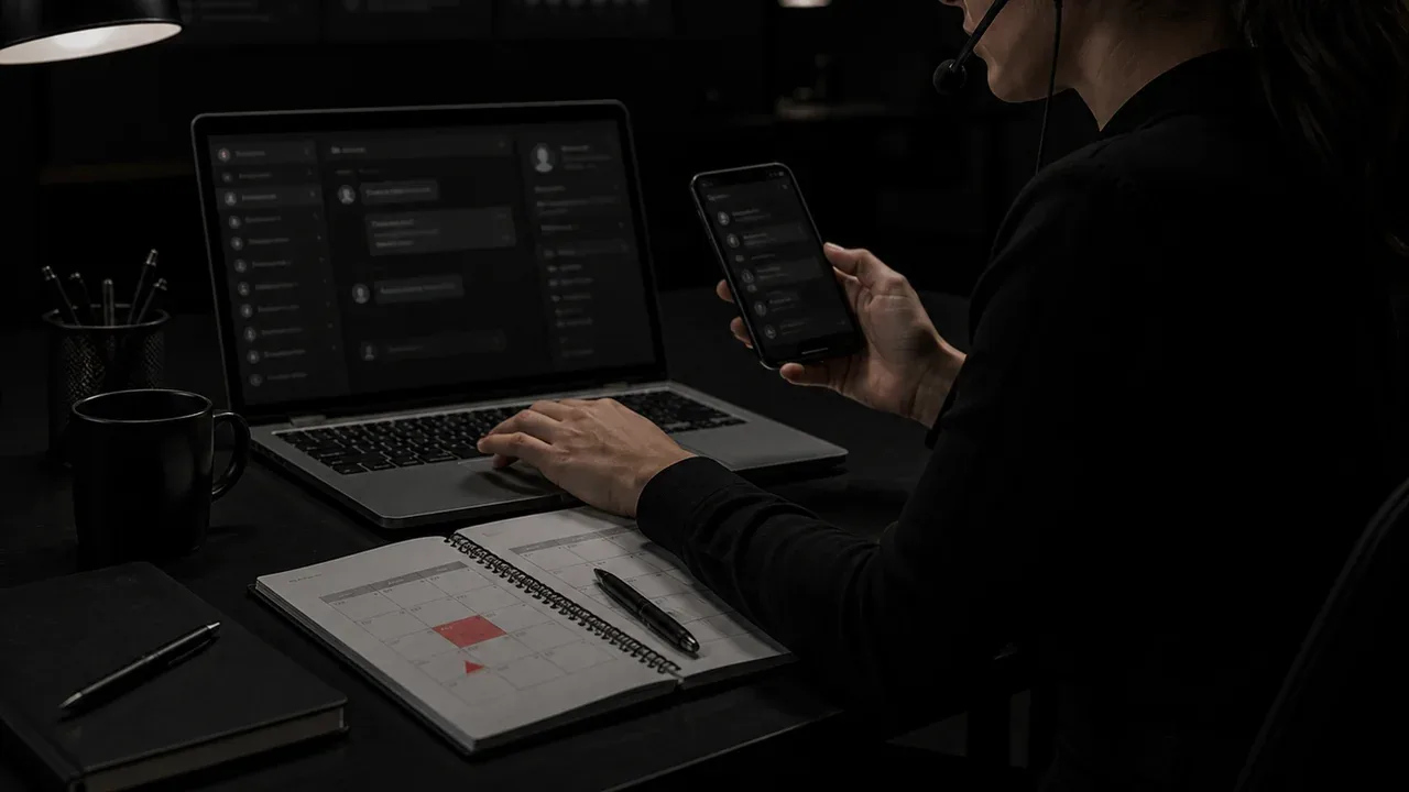 Atendente comercial acompanha um novo lead entre notebook, smartphone e agenda