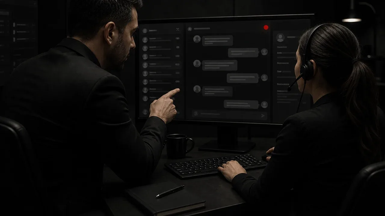 Gerente de vendas e atendente analisam juntos uma conversa de lead no escritório