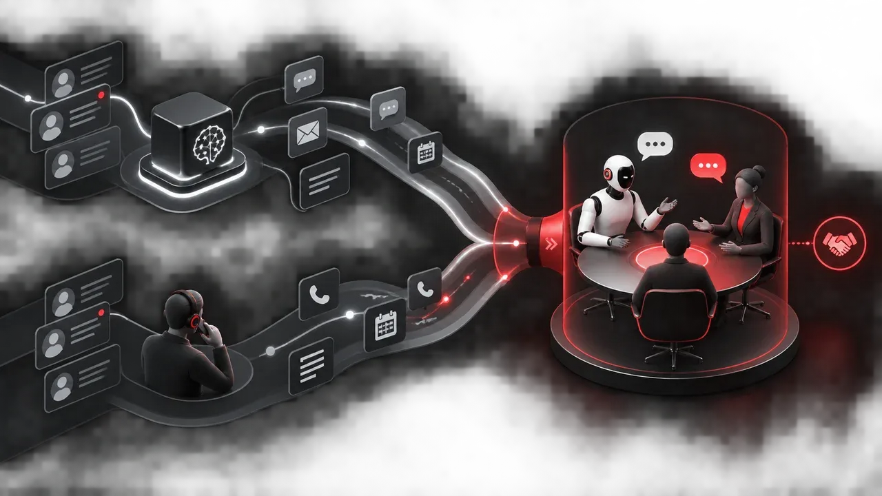 Duas trilhas de atendimento automatizado e humano convergem para uma conversa de venda