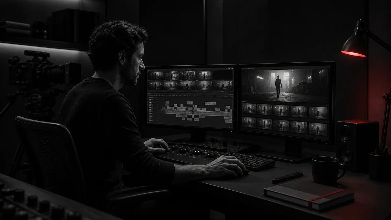 Produtor organiza clipes e cenas gerados por inteligência artificial em estúdio de pós-produção
