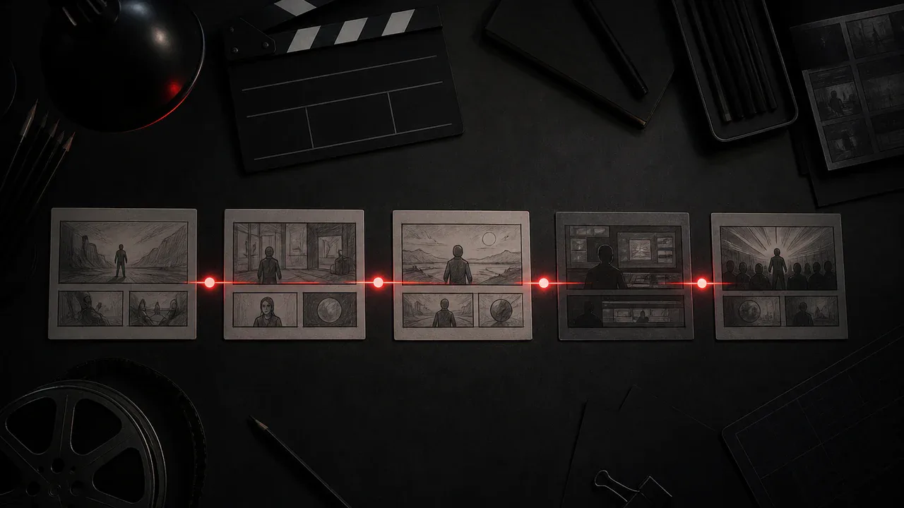 Storyboard com cartões de cenas organiza o fluxo de criação automática de vídeo