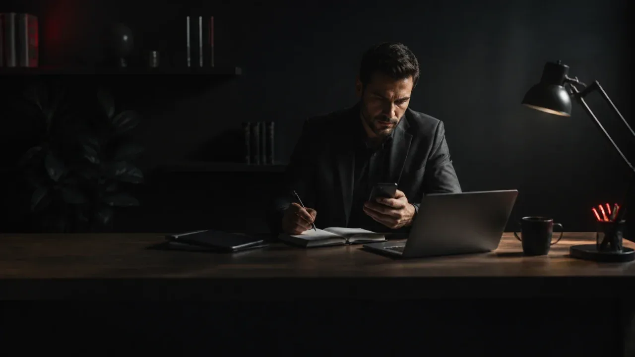 Gerente organiza confirmações de reuniões entre agenda, notebook e smartphone