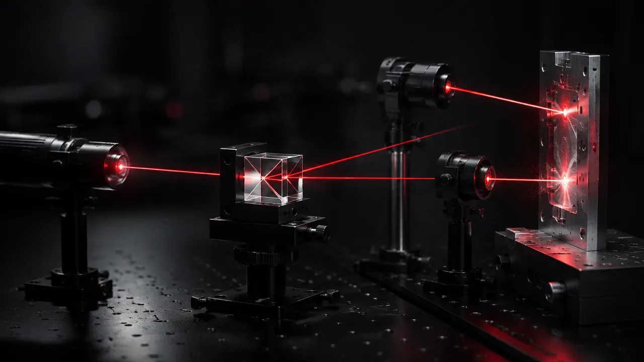 Montagem óptica com divisor de feixe laser sobre bancada escura de laboratório projetando dois caminhos luminosos distintos