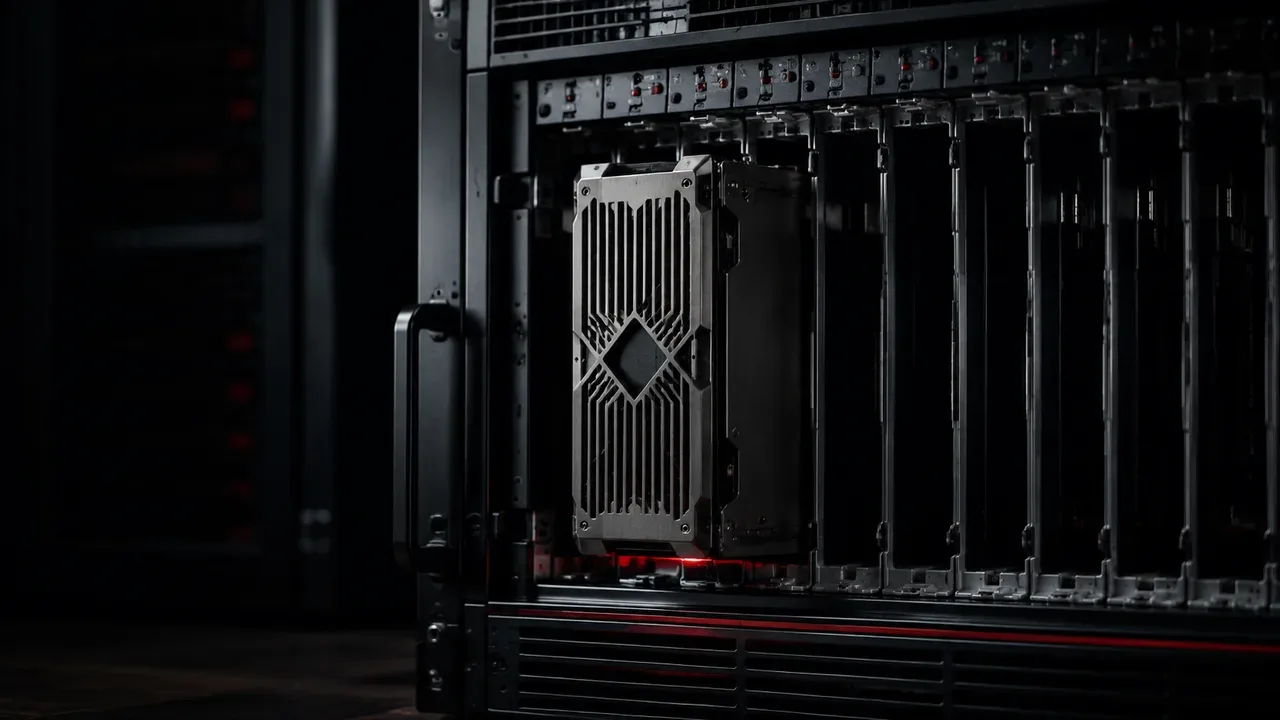 Gabinete de servidor de computação de alta densidade em rack escuro com placas modulares e módulo ativo iluminado com dissipador metálico sob iluminação difusa