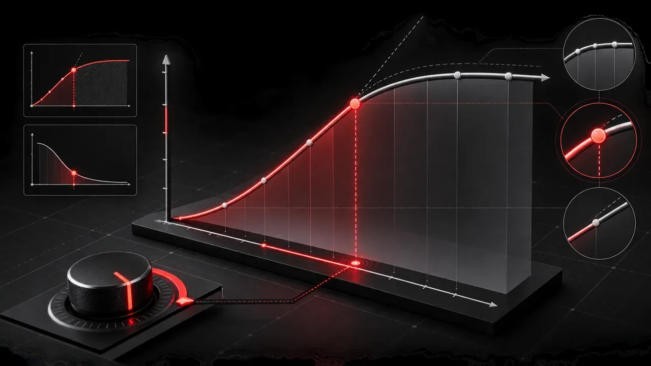 Bancada de análise econométrica de mídia com monitores exibindo curvas de saturação e luminária articulada acesa
