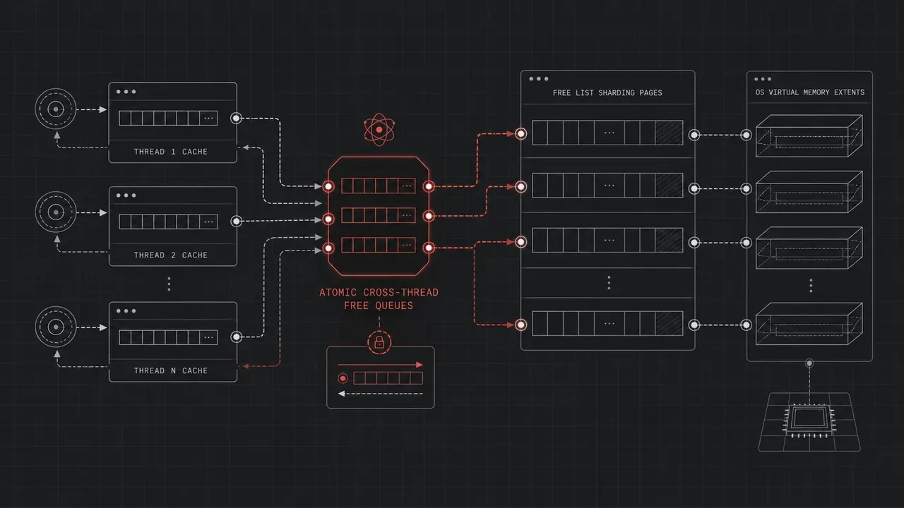 Diagrama técnico em estética grafite escura ilustrando o particionamento de arenas de memória e filas atômicas com conectores destacados