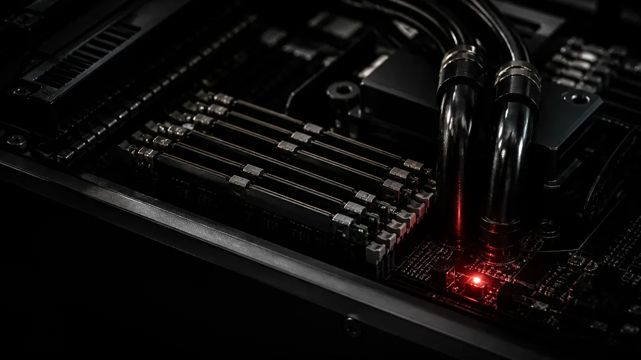 Close-up em placa-mãe de servidor de alta densidade com slots de memória DDR5 e conexões de refrigeração sob iluminação direcional