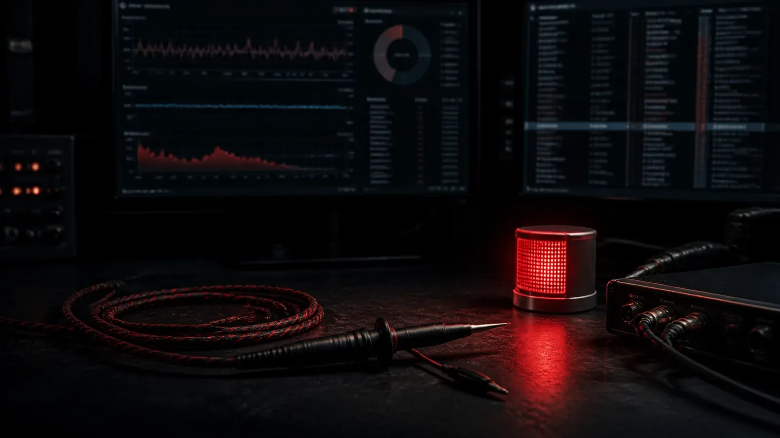 Bancada de laboratório de engenharia de software com osciloscópio digital monitorando barramento de memória e indicador luminoso sobre mesa de grafite escuro