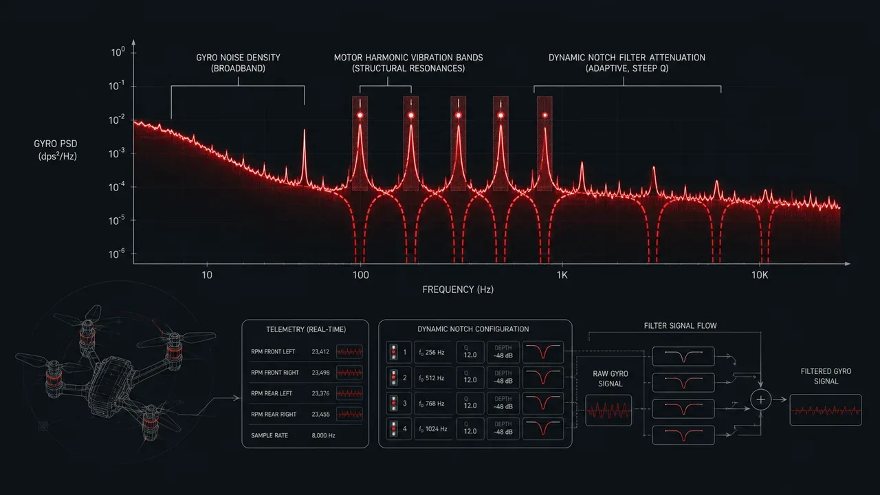 Diagrama técnico de resposta espectral FFT com curvas de atenuação de ruído e linhas de telemetria