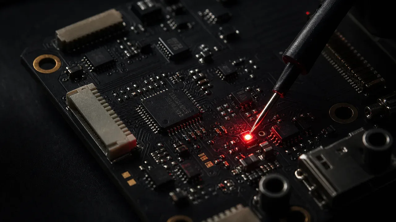 Inspeção em bancada da placa de controle de voo com sensor inercial MEMS e LED de diagnóstico
