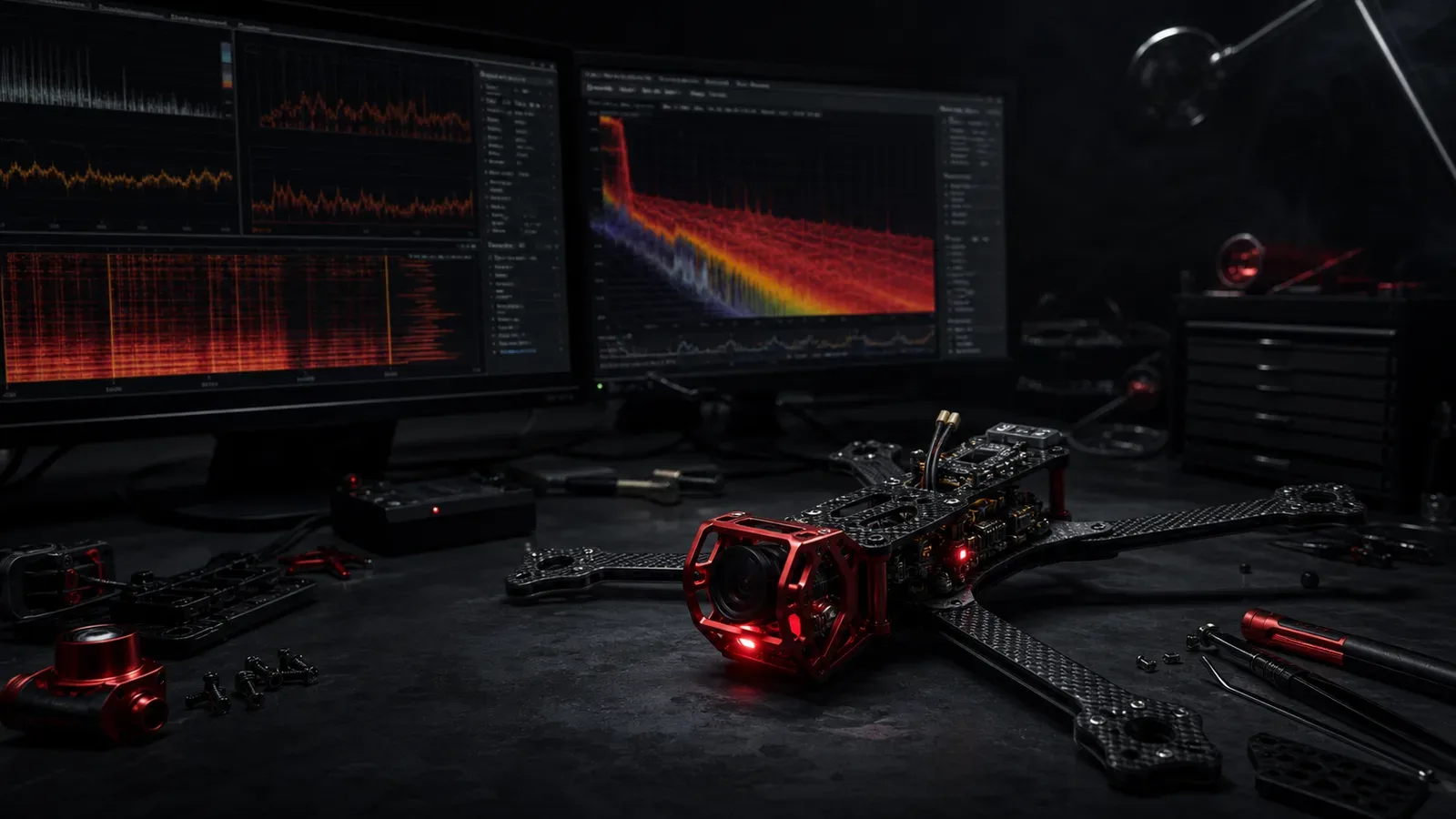 Bancada técnica de engenharia FPV com osciloscópio e monitores exibindo espectrograma FFT do giroscópio