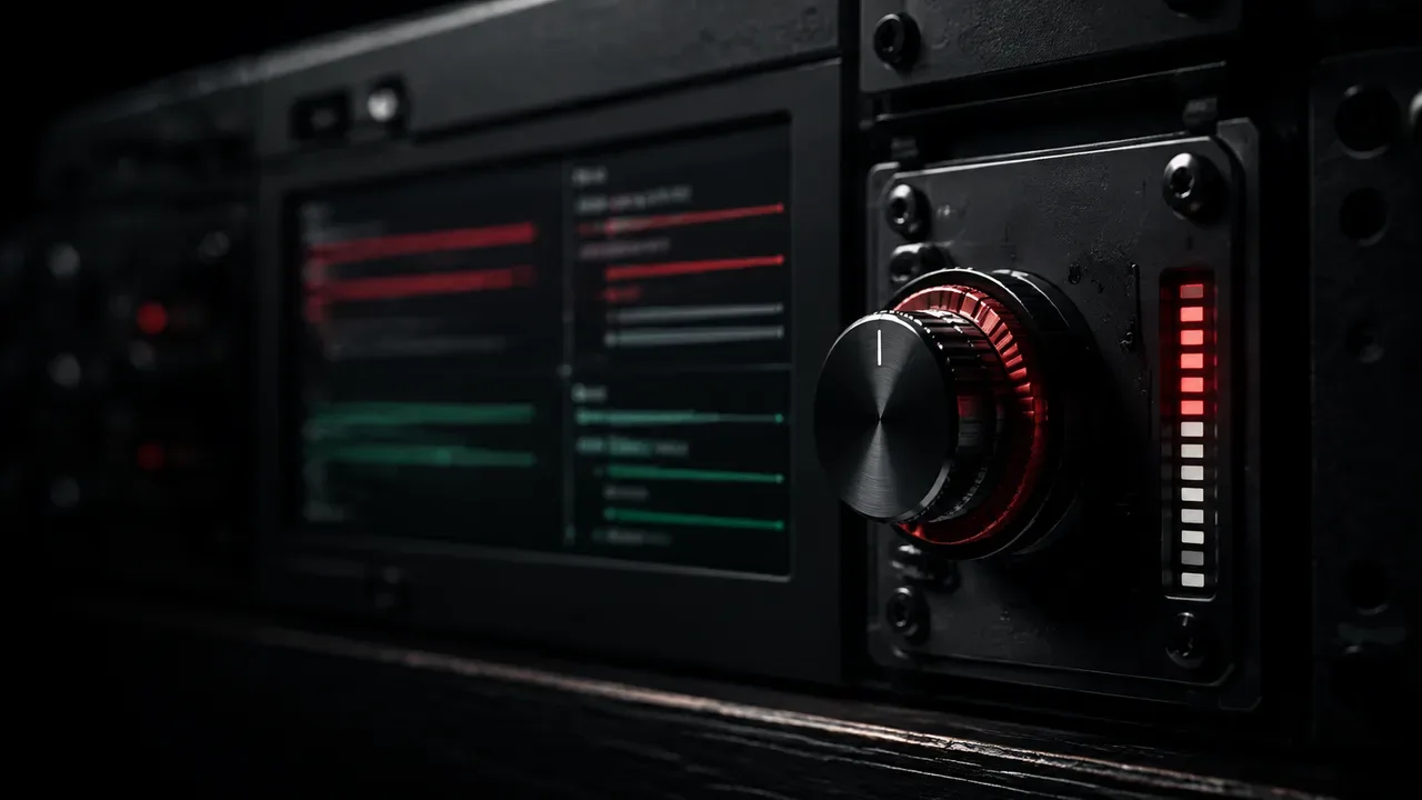 Painel de controle modular de terminal com chave seletora mecânica e indicador de telemetria em primeiro plano sob iluminação direcionada