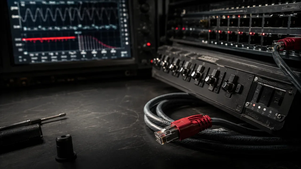 Bancada de laboratório de hardware com cabo industrial de conector reforçado e osciloscópio exibindo pacotes de sinais IPC sob iluminação de alto contraste