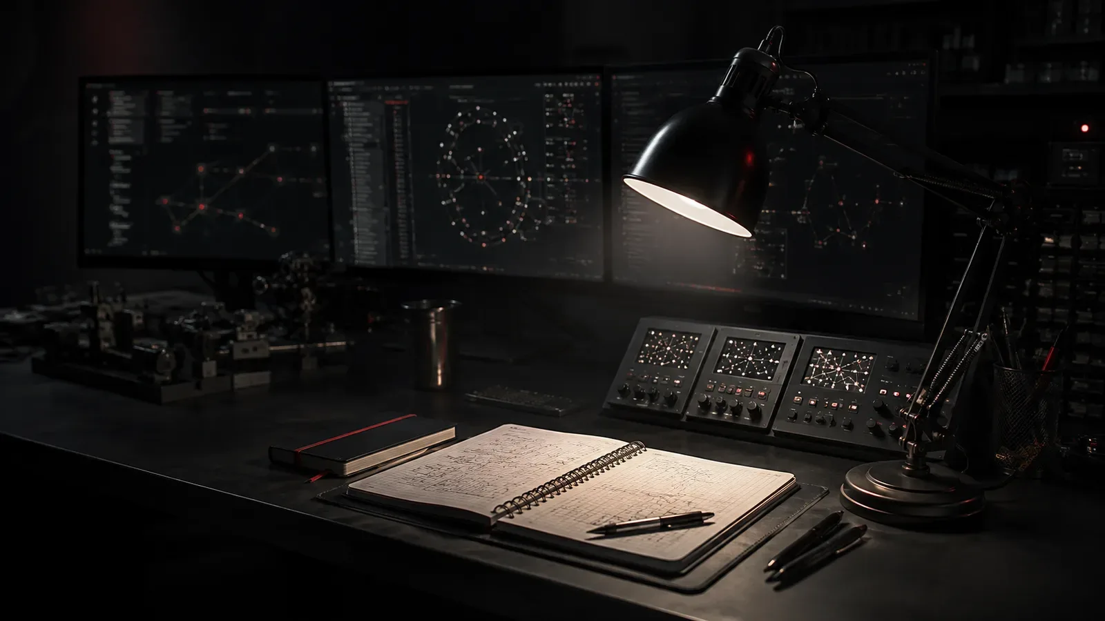 Bancada de desenvolvimento de engenharia de software com luminária industrial direcionando iluminação chiaroscuro sobre console de telemetria e monitores