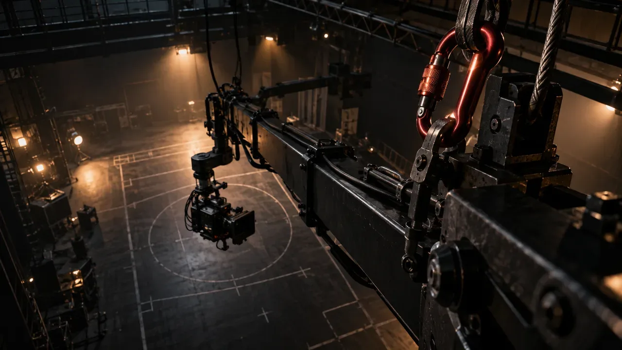 Suporte aéreo para plano zenital ortogonal em estúdio cinematográfico