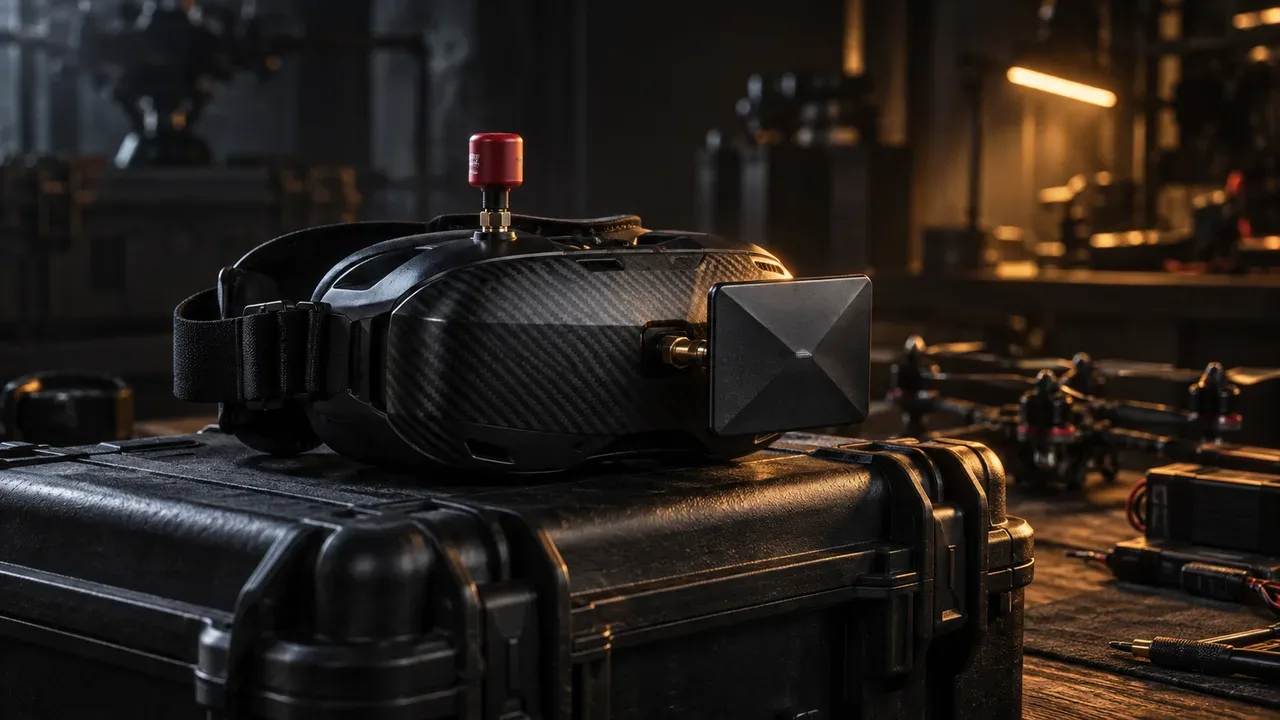 Óculos FPV com antenas de diversidade stubby e patch sobre case de transporte