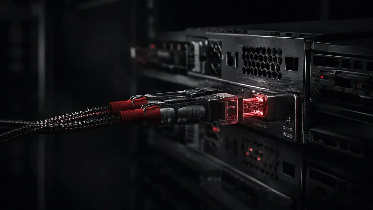 Painel de conexões ópticas de alta vazão em rack de servidor escuro com conectores e luz de status