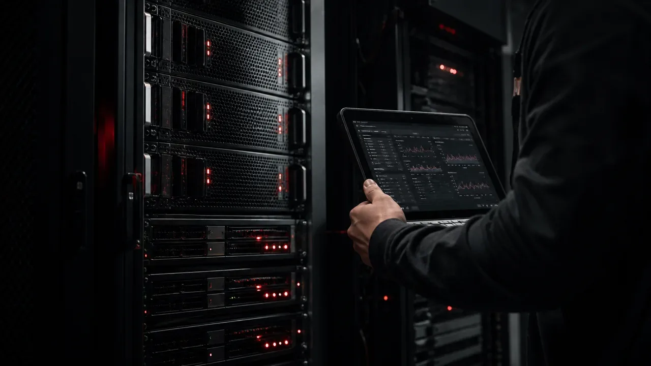 Servidores de alta performance em data center executando cargas de trabalho de backend em Node.js e Bun