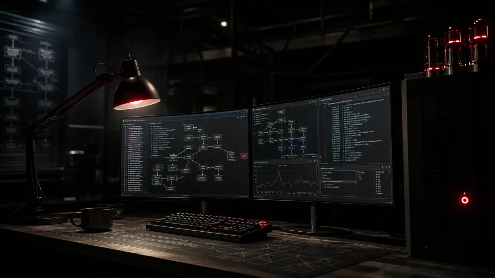 Engenheiro de software analisando pipelines de compilação JIT e grafos Sea of Nodes em monitores de alta resolução