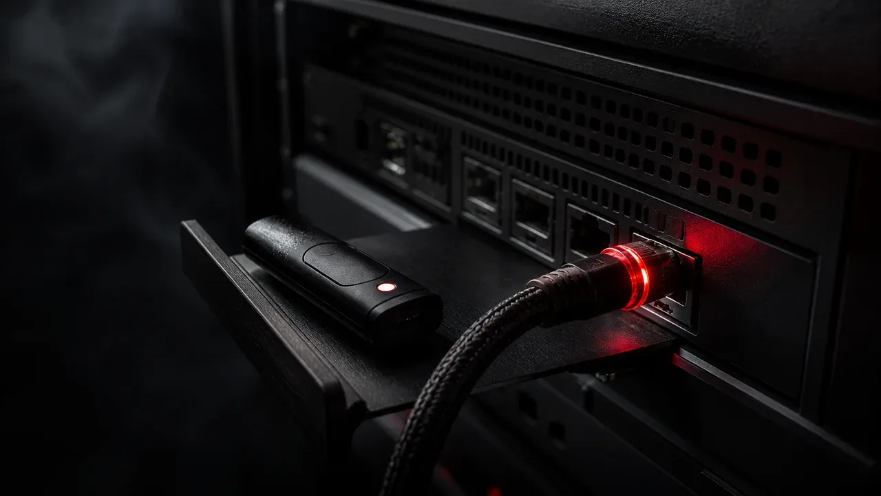 Hardware de gateway de segurança corporativa com token de autenticação e cabo de interface com acento vermelho