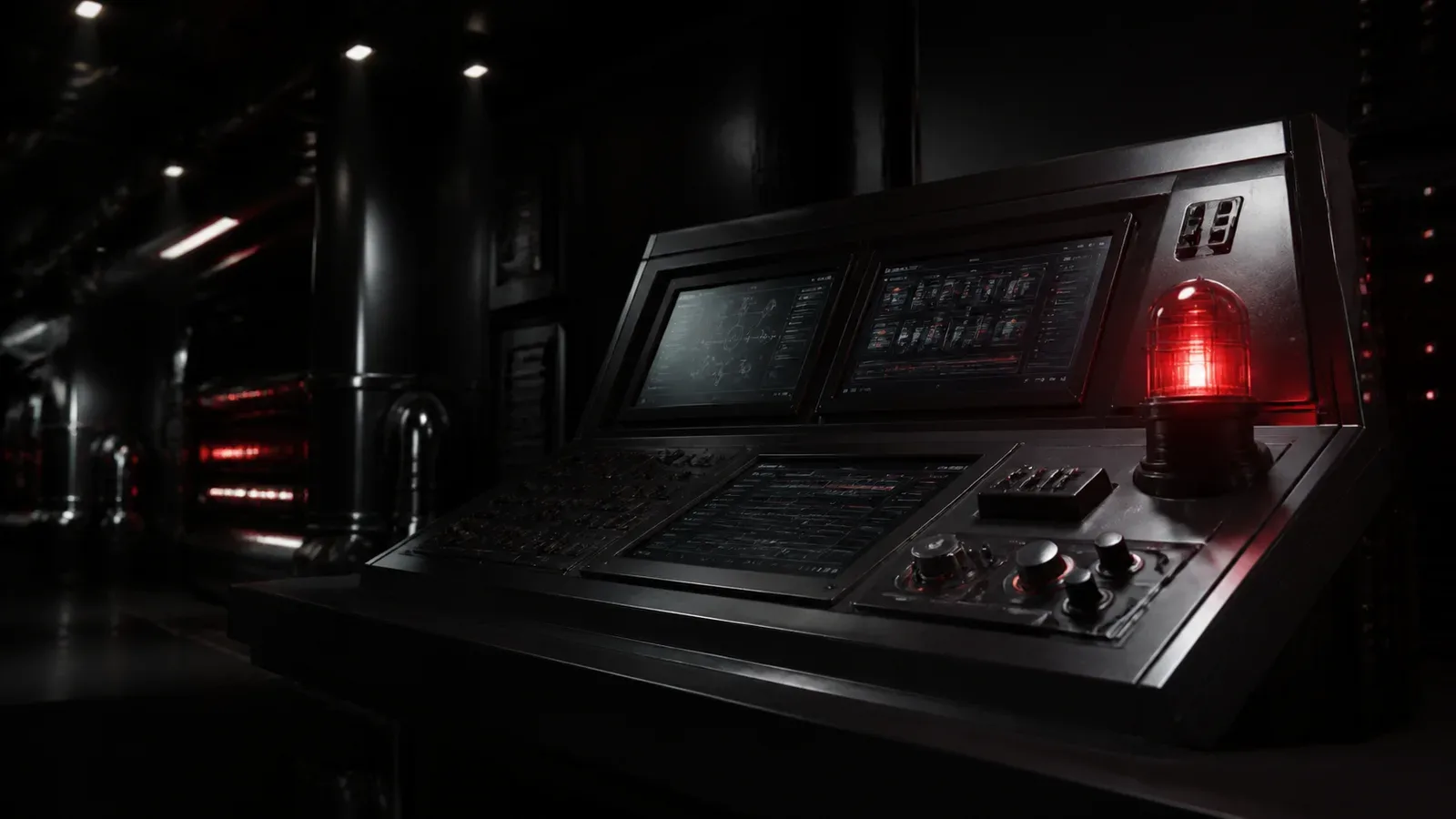 Console de orquestração multi-agente em ambiente de engenharia com iluminação chiaroscuro e acento vermelho de marca