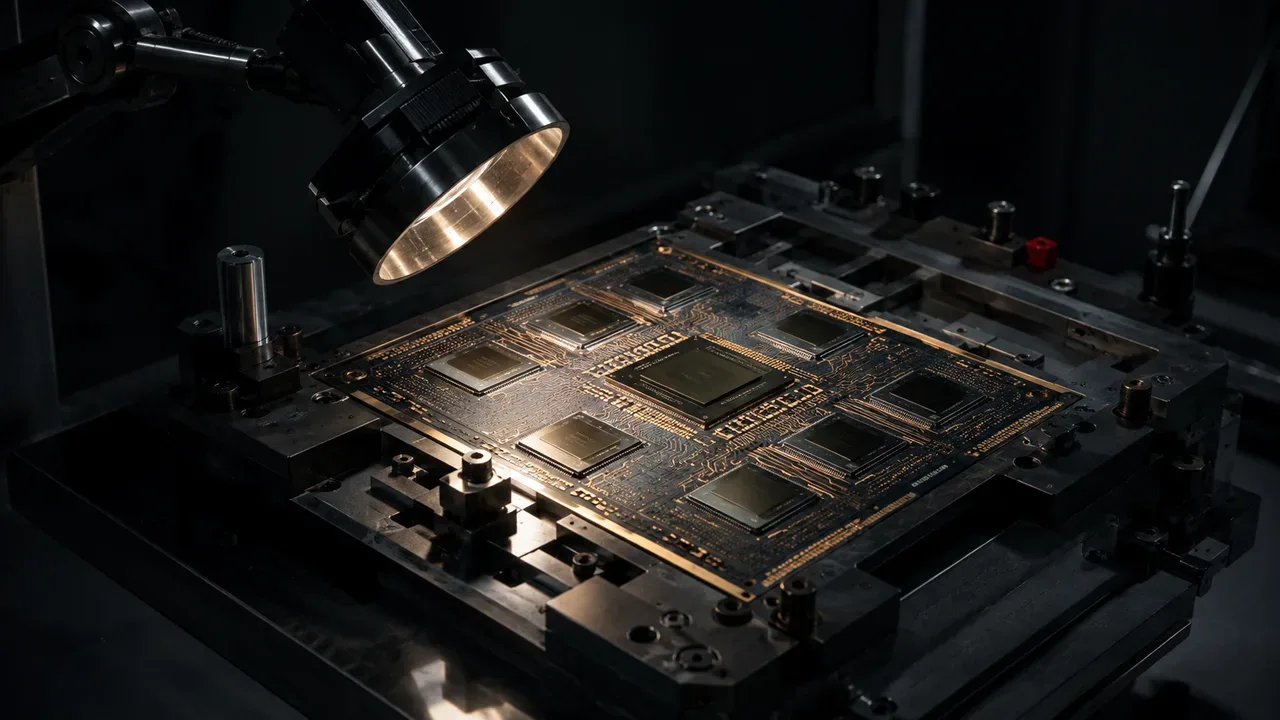 Bancada de laboratório de hardware com processador multi-die aberto sobre placa de teste com microtrilhas de interconexão iluminadas por luminária de inspeção articulada com refletor metálico em primeiro plano