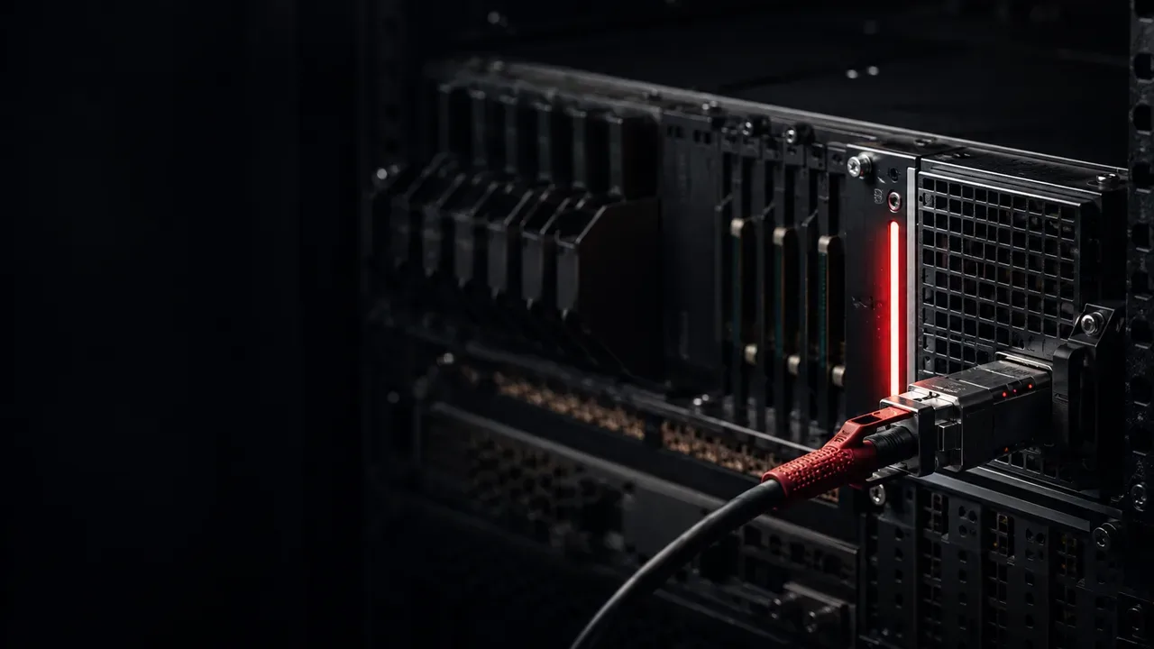 Servidor de computação de missão crítica montado em rack industrial com dutos de ar grafite e cabo de rede QSFP-DD com puxador e indicador luminoso de status em primeiro plano
