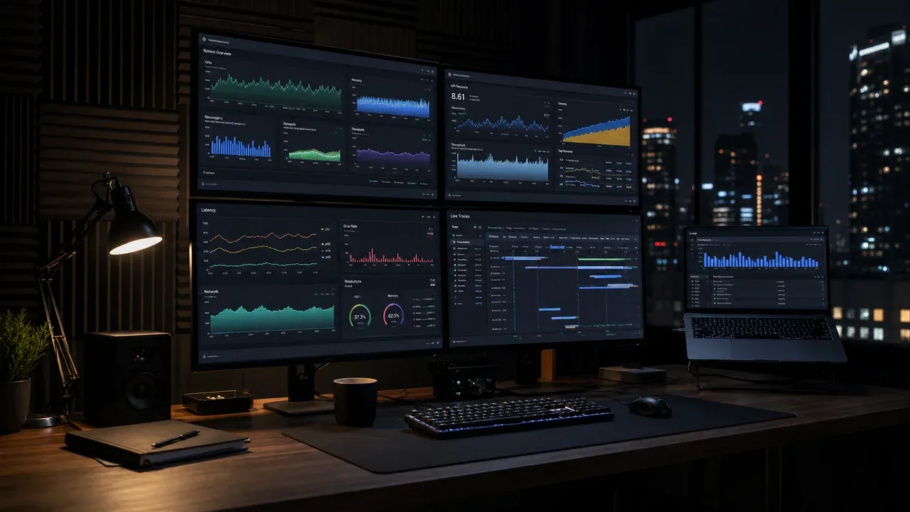 Bancada de desenvolvimento com múltiplos monitores exibindo arquitetura de software e telemetria de produção