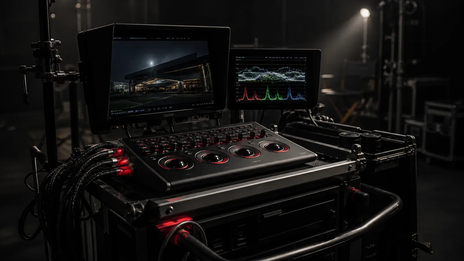 Estação de trabalho DIT em estúdio de cinema com console de color grading e monitores de referência