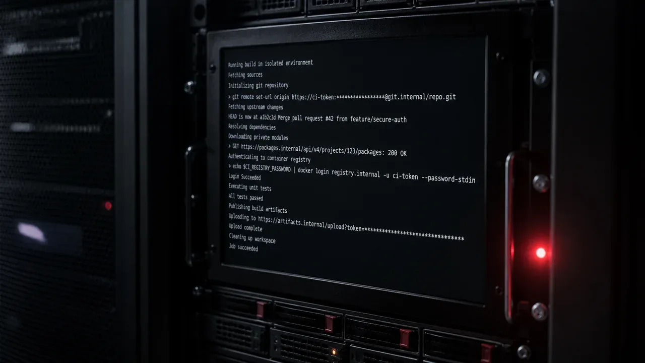 Monitor de terminal de integração contínua exibindo logs de compilação com credenciais mascaradas e indicador de status em LED vermelho